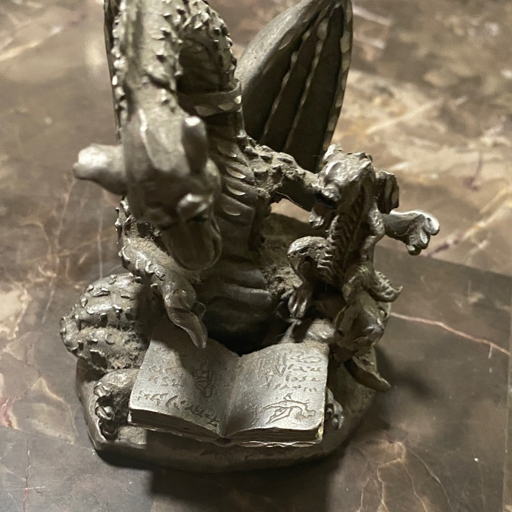 Vintage Pewter Gray Dragon Reading Book Figurine - Home Accents